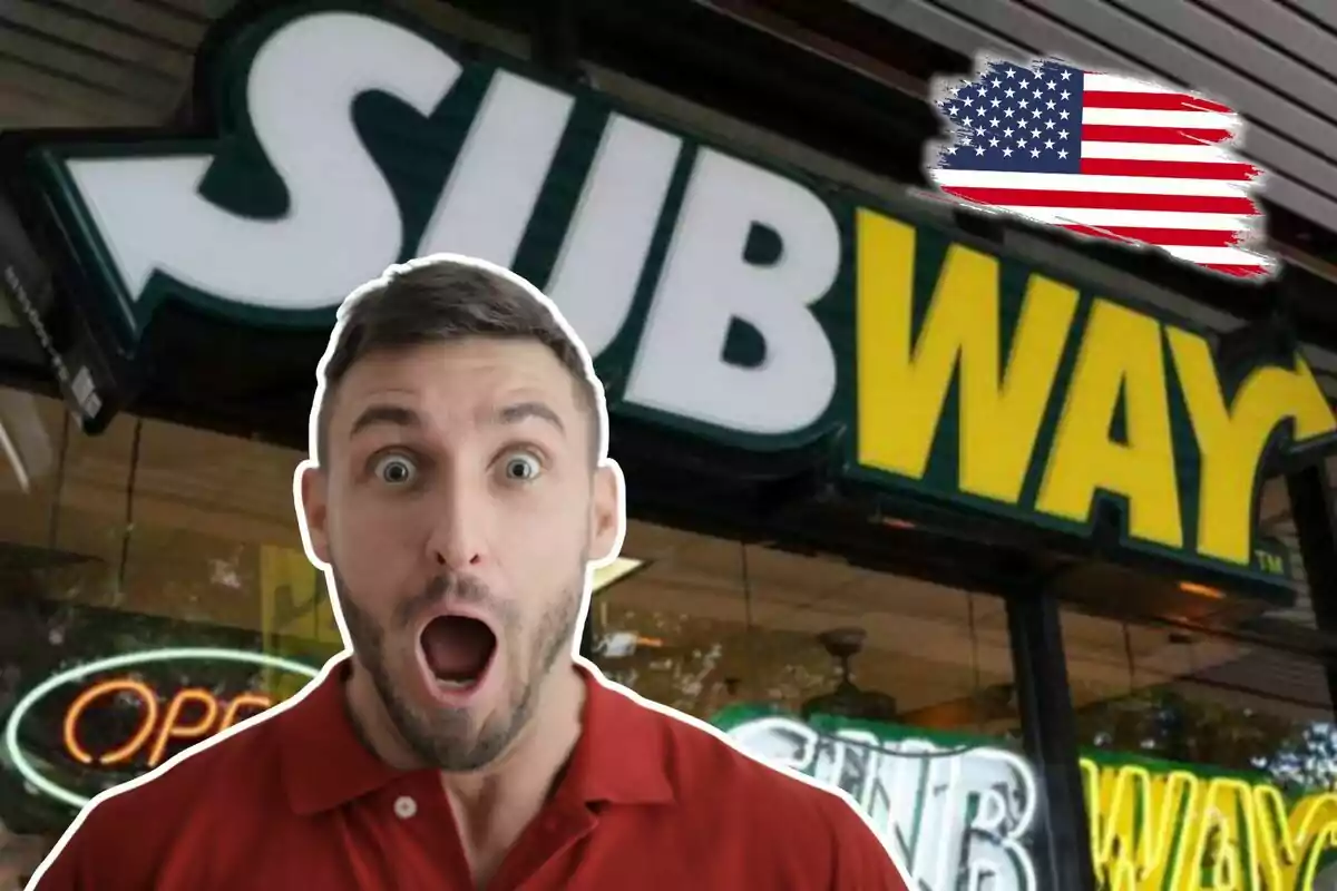 Hombre sorprendido frente a un letrero de Subway con una bandera de Estados Unidos en la esquina superior derecha