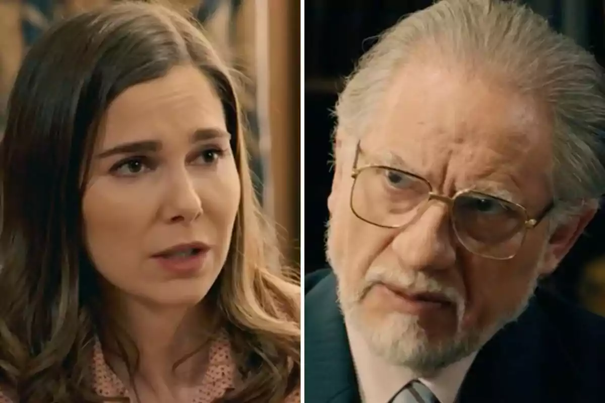 Begoña y Damián con gafas y barba se miran con expresiones serias Begoña y Damián con gafas y barba se miran con expresiones serias