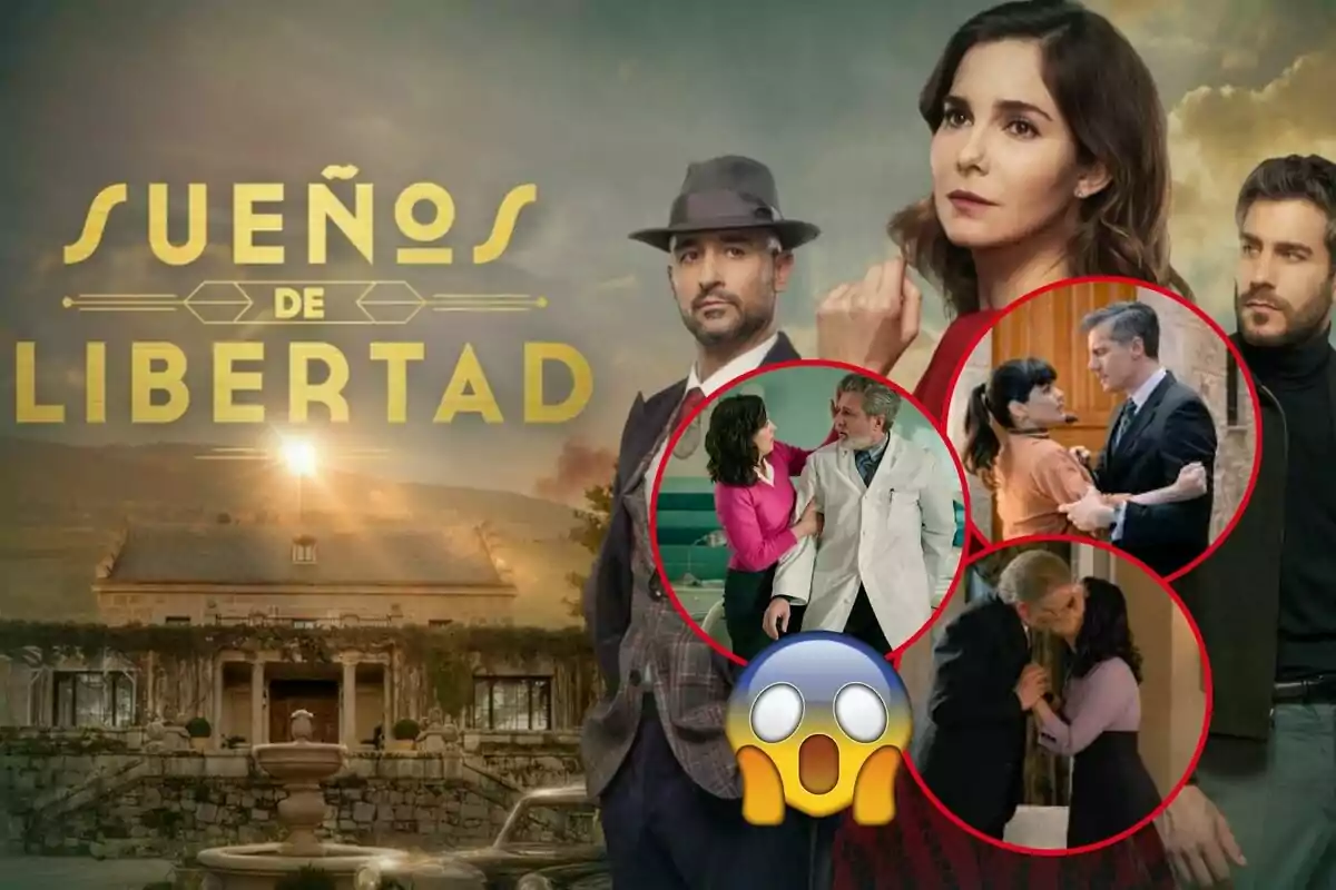 Cartel promocional de la serie "Sueños de Libertad" con imágenes de escenas destacadas y un emoji de sorpresa.