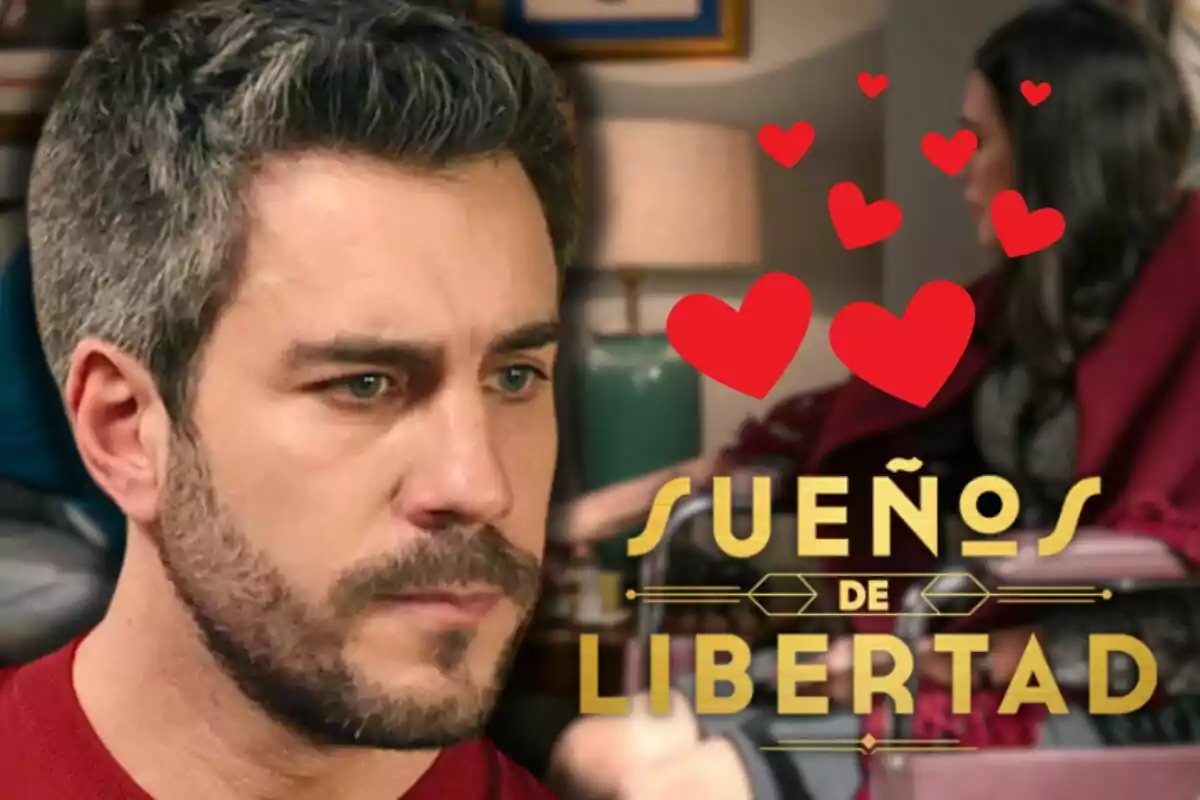 Dani Tatay con expresión seria en primer plano, al fondo una mujer sentada y varios corazones rojos, junto al texto Sueños de Libertad