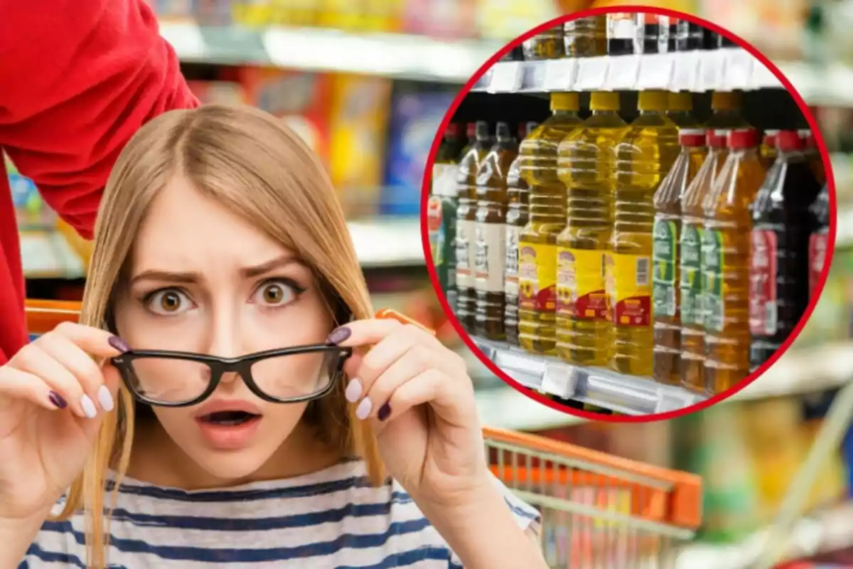 Mujer sorprendida en un supermercado con un círculo resaltando botellas de aceite en un estante.