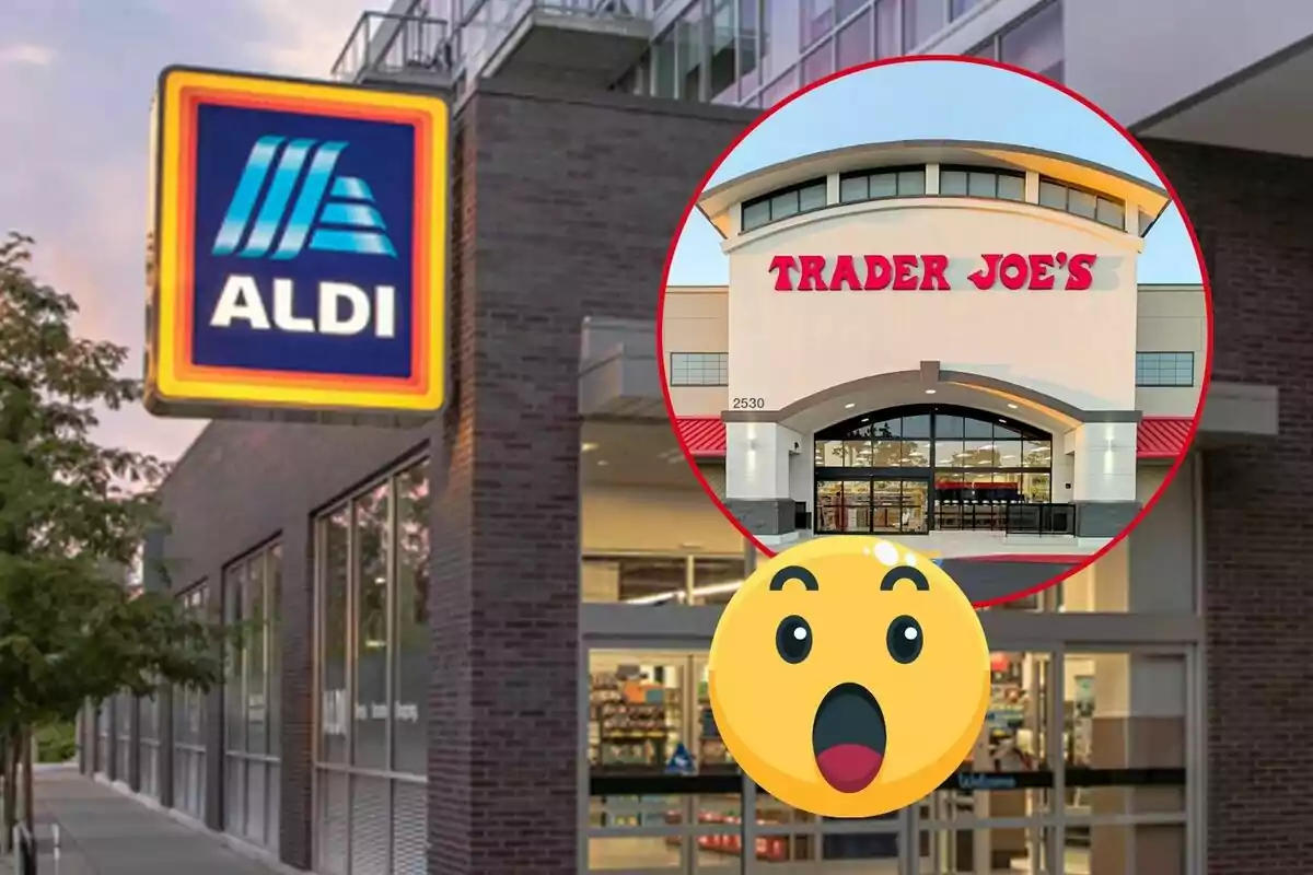 Facade of an Aldi store with a circle highlighting the Trader Joe's entrance and a surprised emoji in the foreground