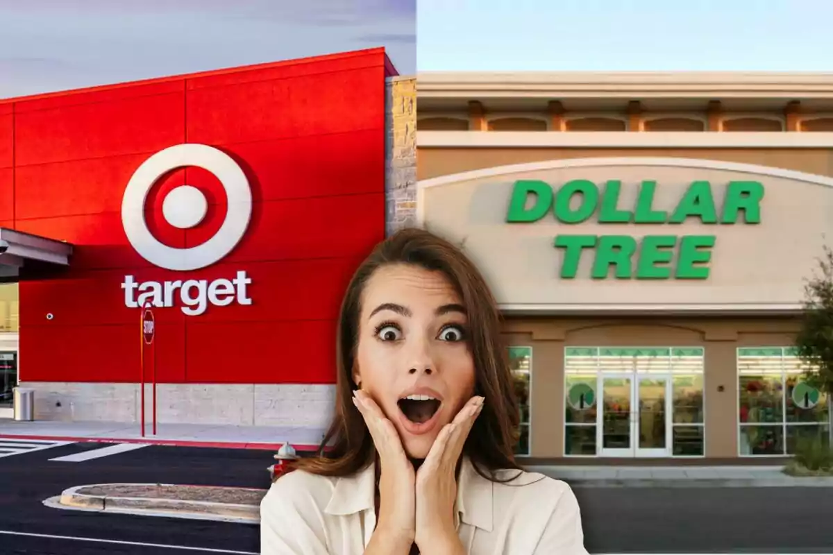 Una mujer con expresión de sorpresa está frente a las fachadas de las tiendas Target y Dollar Tree.