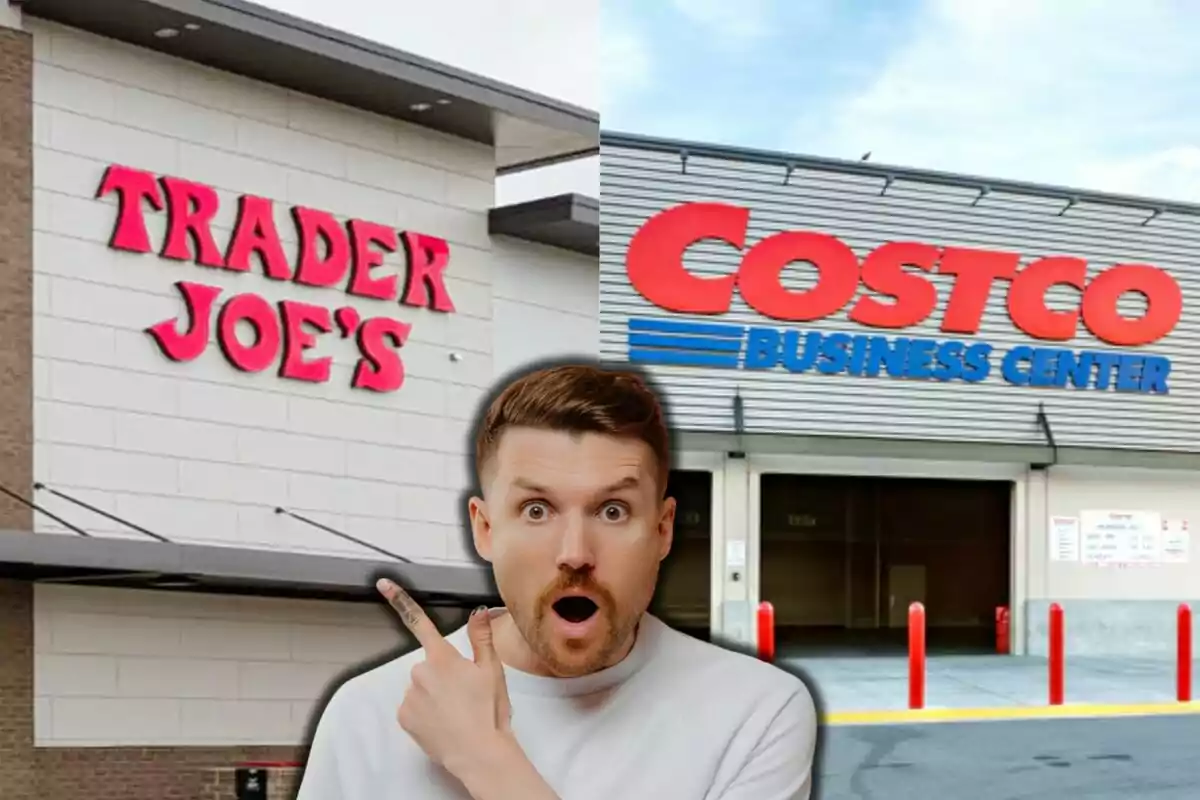 A surprised man points toward two stores, one a Trader Joe's and the other a Costco Business Center. A surprised man points toward two stores, one a Trader Joe's and the other a Costco Business Center.