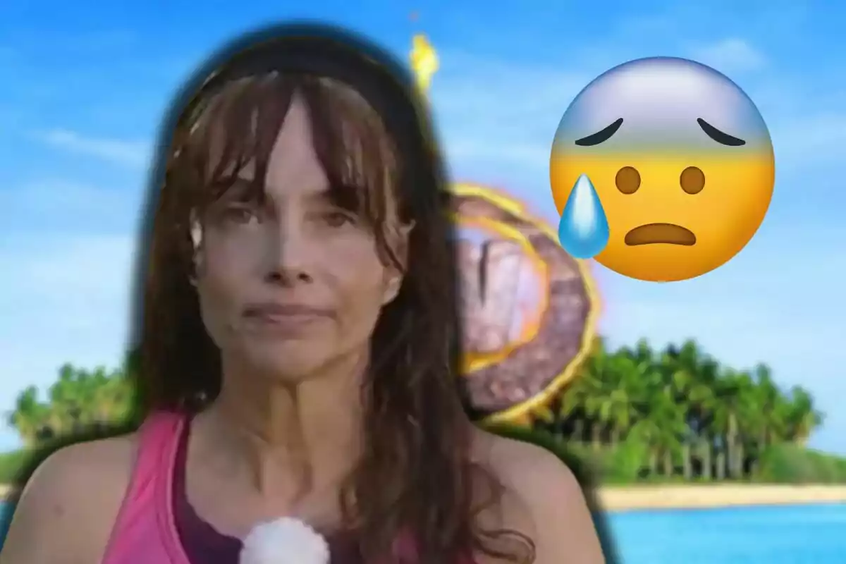 Beatriz Rico con expresión seria en un entorno tropical con un emoji de cara preocupada y una lágrima al lado.