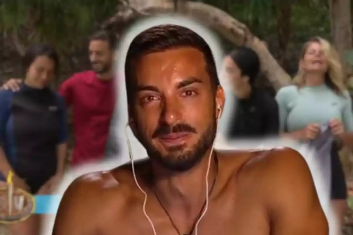 Borja González with headphones appears in the foreground with an emotional expression, while in the background several people are standing in a natural setting.