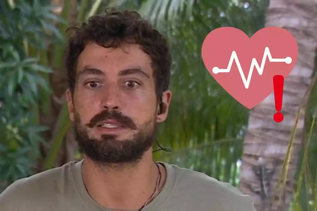 Joshua Velázquez con expresión de sorpresa o preocupación en un entorno tropical con un gráfico de corazón y un signo de exclamación superpuesto.
