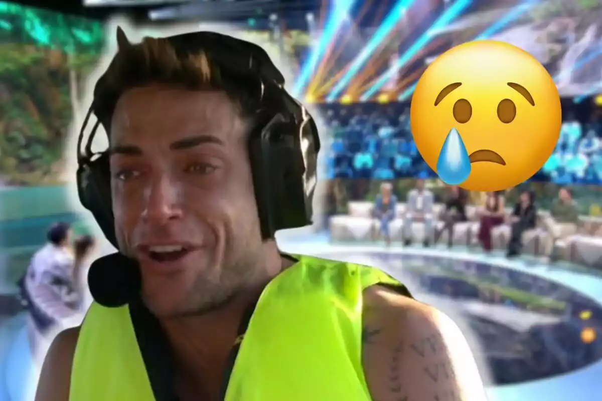 Montoya in a yellow vest and headphones looks excited on a TV set, with a crying face emoji overlaid.