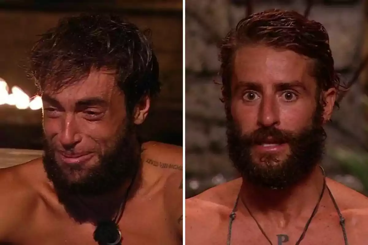 Montoya y Pelayo Díaz muestran expresiones intensas, uno parece emocionado y el otro sorprendido, ambos están sin camisa y llevan collares Montoya y Pelayo Díaz muestran expresiones intensas, uno parece emocionado y el otro sorprendido, ambos están sin camisa y llevan collares