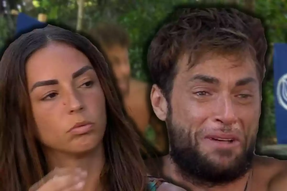 Anita y Montoya en un entorno al aire libre, una mujer con expresión seria y un hombre con expresión de llanto.