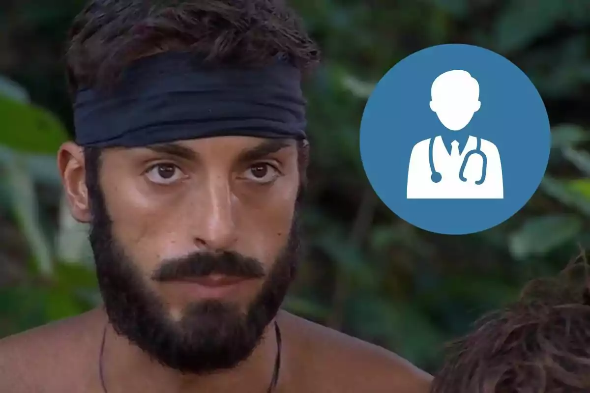 Borja González con una cinta negra en la cabeza mira hacia adelante con un ícono de médico en un círculo azul a su lado.