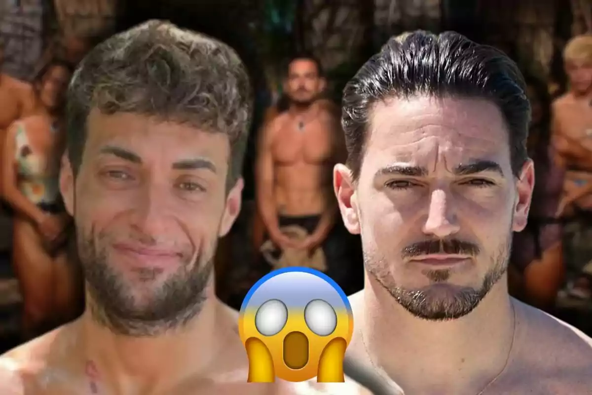 Montoya y Damián Quintero con expresiones faciales diferentes y un emoji sorprendido en primer plano, con un grupo de personas en el fondo. Montoya y Damián Quintero con expresiones faciales diferentes y un emoji sorprendido en primer plano, con un grupo de personas en el fondo.