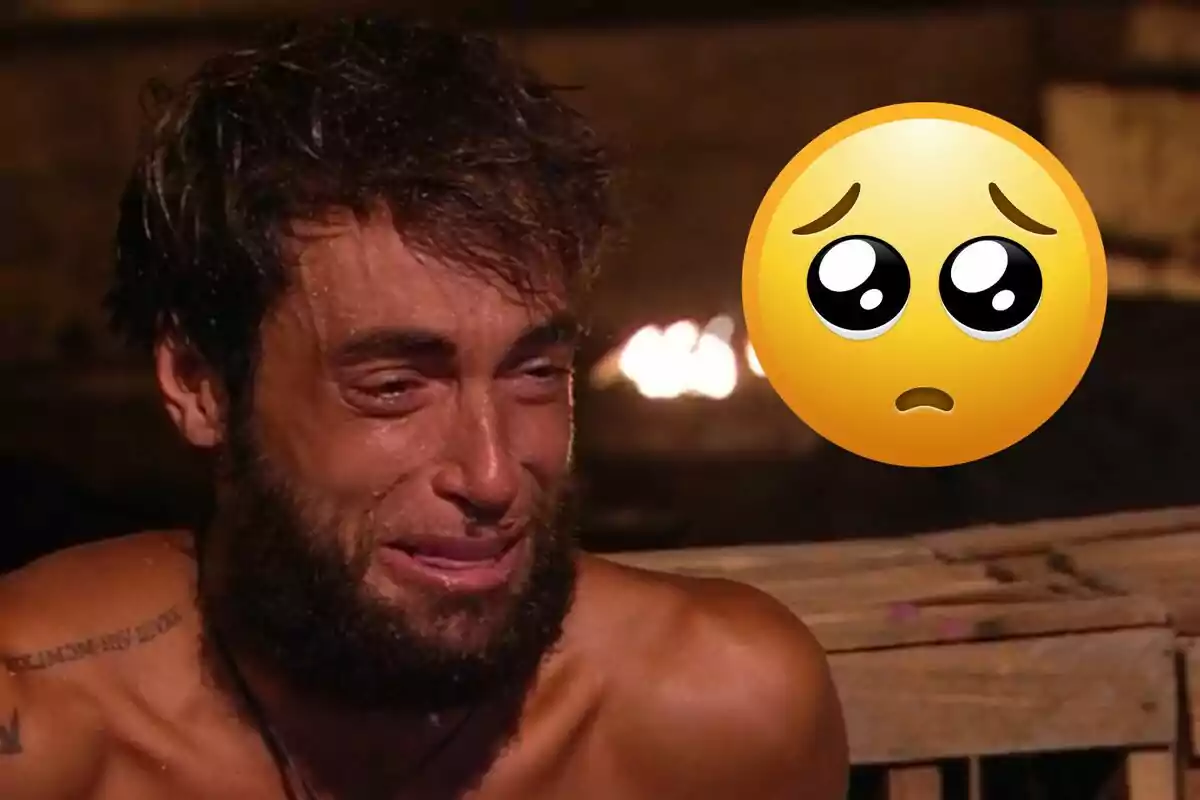 Montoya llorando junto a un emoji de carita triste con ojos grandes