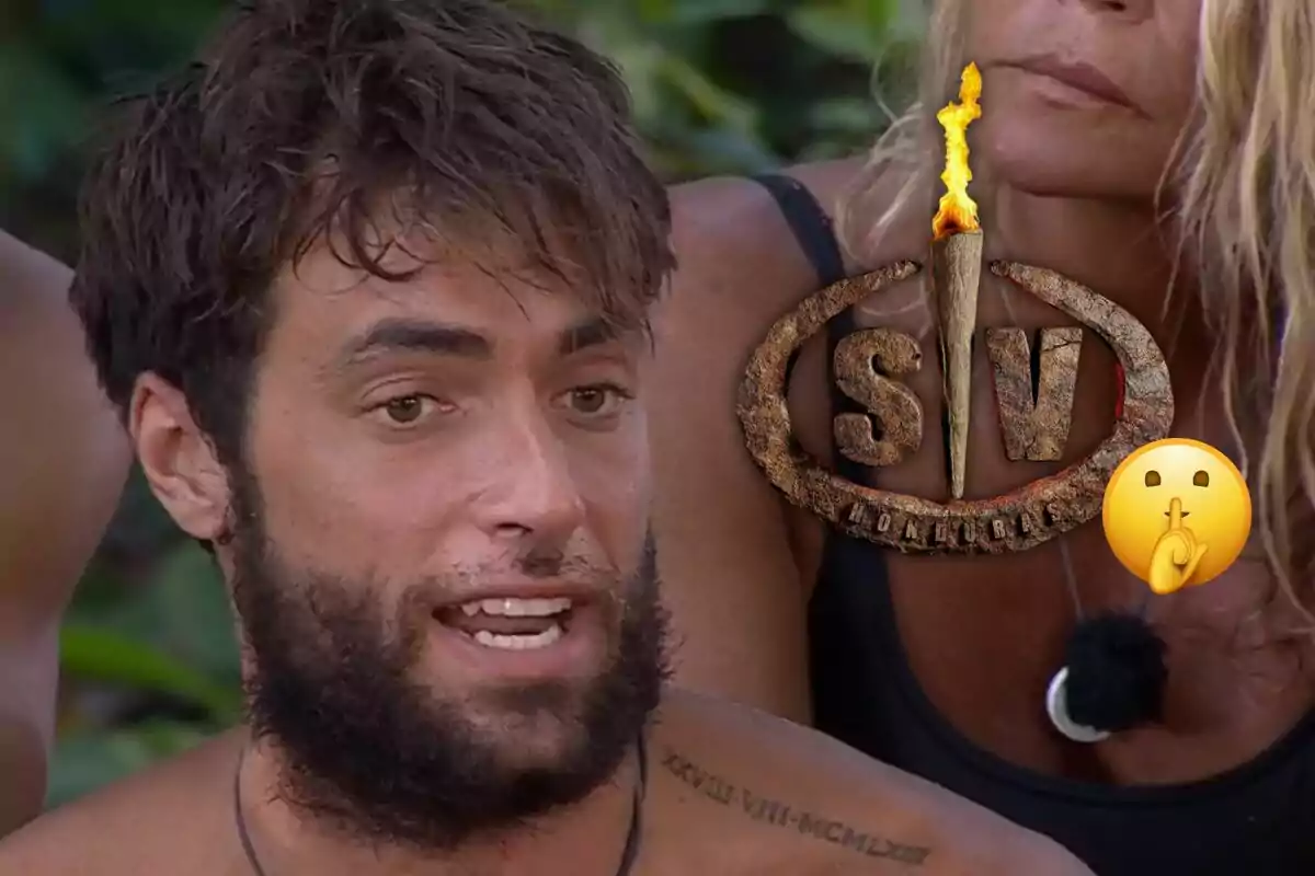 Montoya habla mientras está sentado al aire libre, acompañado de una mujer rubia, con un logotipo de un programa de televisión y un emoji de silencio superpuestos en la imagen.