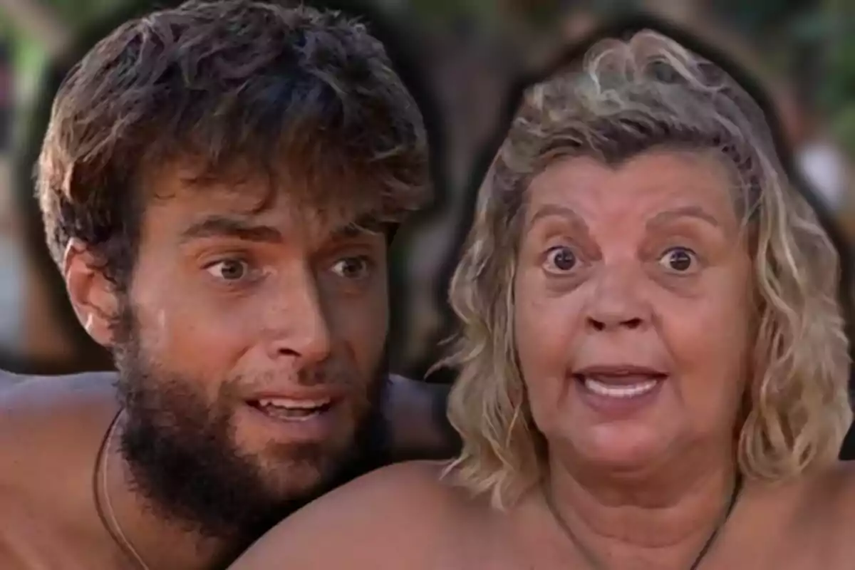 Montoya y Terelu Campos con expresiones faciales intensas, una con barba y cabello oscuro y la otra con cabello rubio y rizado, en un entorno al aire libre.