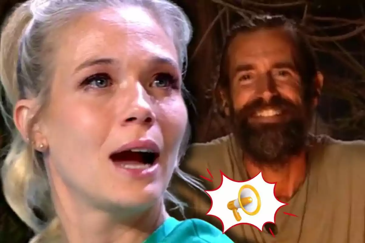 Patricia Montero con expresión de sorpresa o emoción en primer plano y Álex Adrover sonriendo en el fondo, junto a un dibujo de un megáfono amarillo