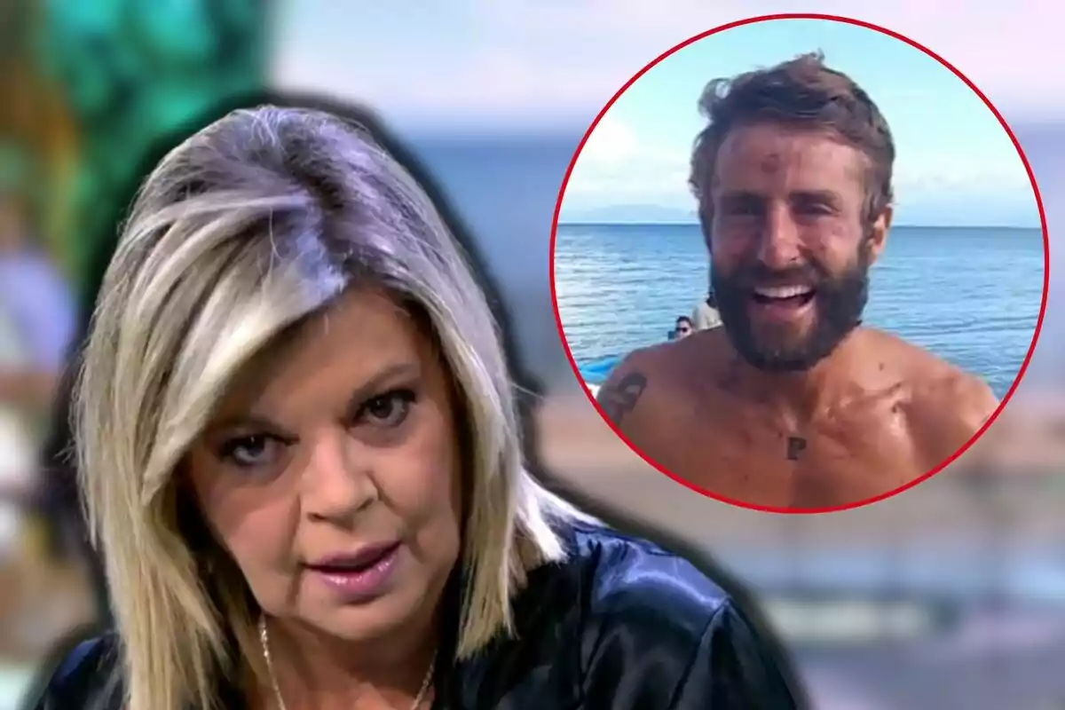 Terelu Campos en un estudio de televisión con una expresión seria y Pelayo Díaz sonriente en la playa dentro de un círculo rojo.