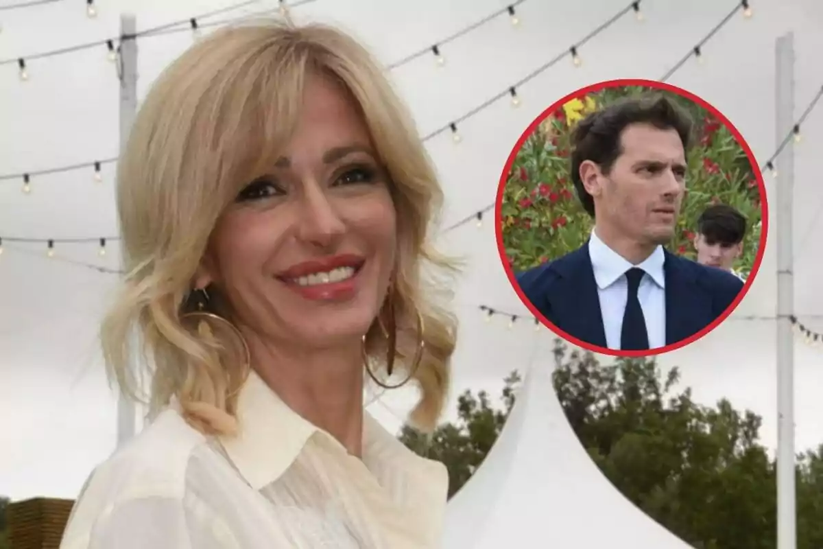 Susanna Griso sonríe frente a una decoración con luces, mientras que en un círculo rojo se muestra a Albert Rivera con traje y corbata.