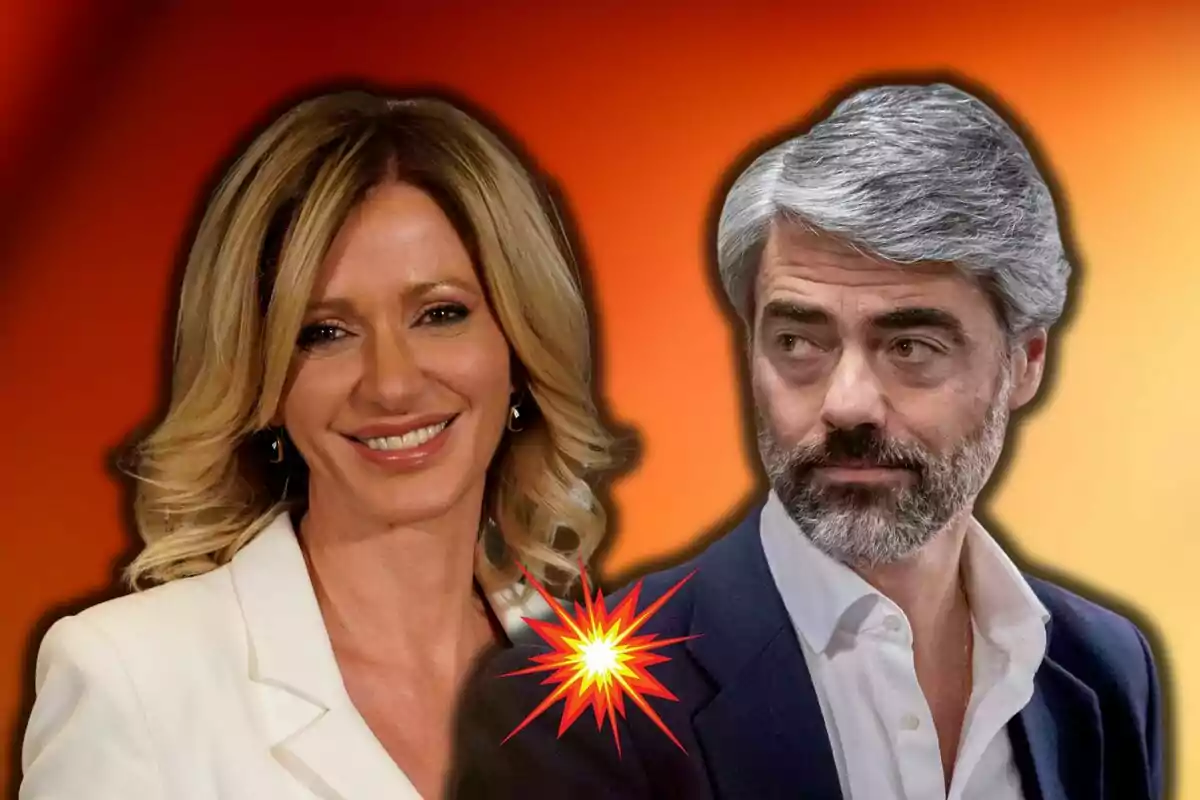 Susanna Griso y Luis Enriquez de mediana edad posan juntos sobre un fondo degradado en tonos cálidos, con un efecto de explosión gráfica entre ellos.