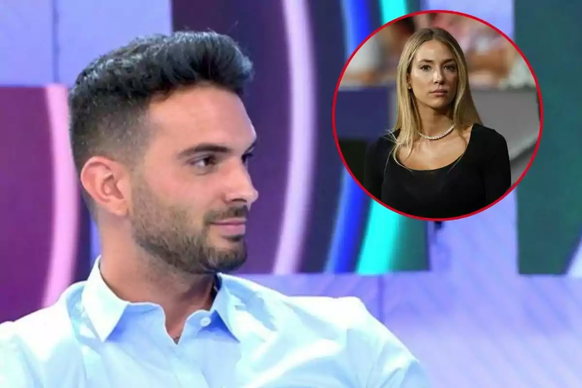 Suso Álvarez con camisa azul claro está sentado y mirando hacia la derecha, mientras que en la esquina superior derecha hay un círculo rojo que contiene la imagen de Alice Campello con una camiseta negra.