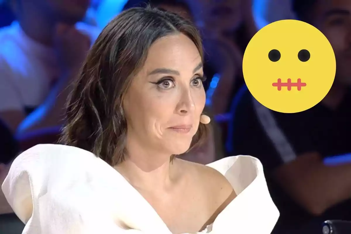 Montaje con Tamara Falcó, con expresión sorprendida en 'Got Talent', y un emoji de cara con la boca cosida