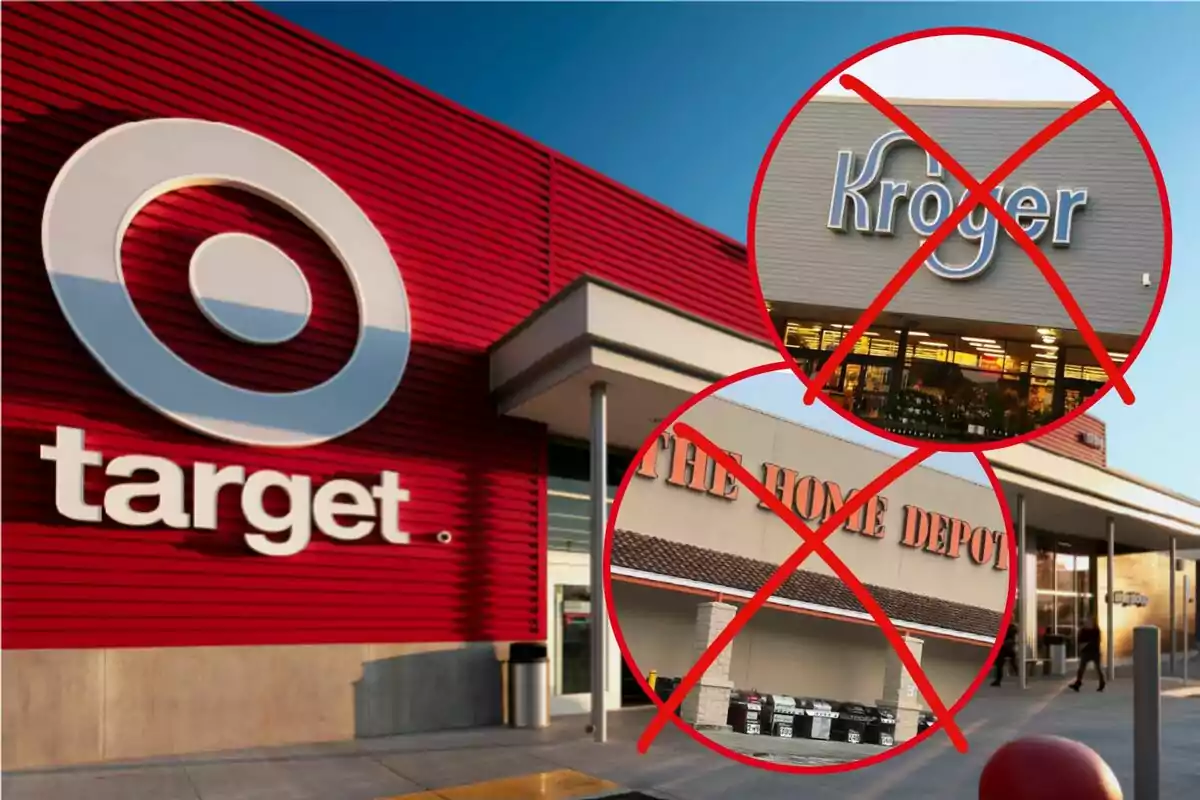 Fachada de una tienda Target en primer plano con imágenes de Kroger y Home Depot tachadas con una X roja