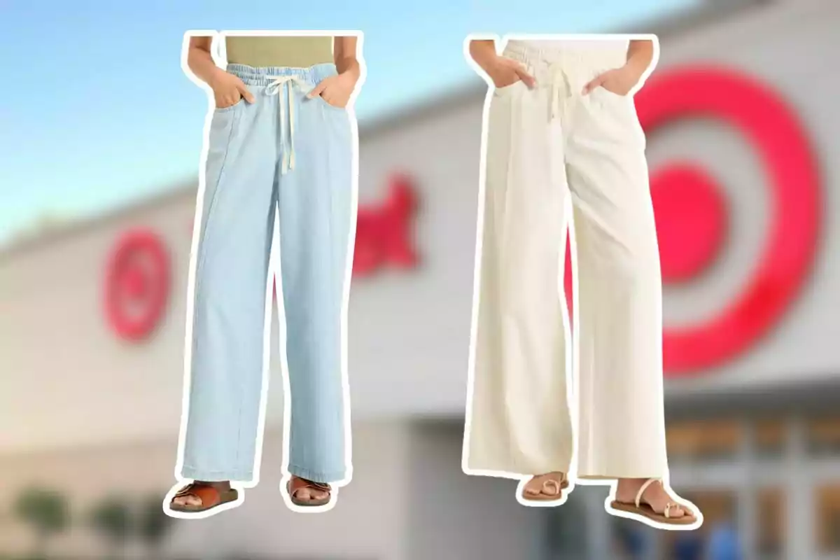 Dos mujeres modelan pantalones anchos y cómodos en colores azul claro y beige frente a una tienda de Target. Dos mujeres modelan pantalones anchos y cómodos en colores azul claro y beige frente a una tienda de Target.
