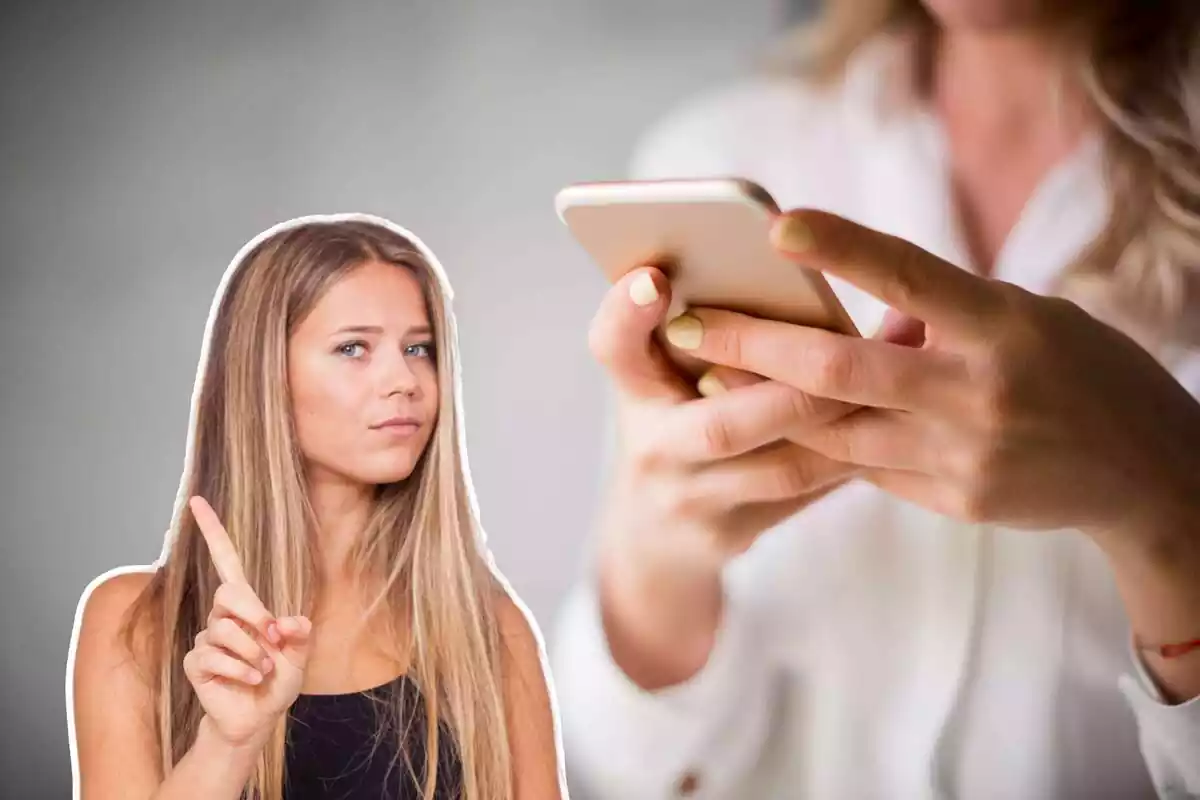 Montaje de un teléfono móvil y una chica diciendo que no con el dedo