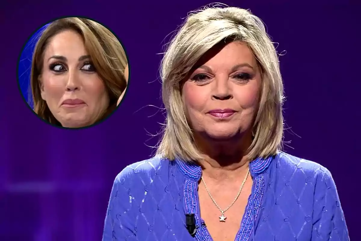 Montaje con Terelu Campos, con un collar de estrella y una expresión seria, y Beatriz Archidona, dentro de un círculo negro y con cara de sorprendida