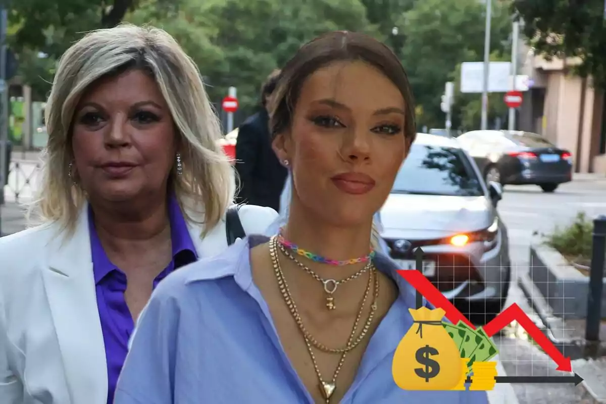 Terelu Campos y Alejandra Rubio caminando por la calle con un gráfico de descenso financiero superpuesto.