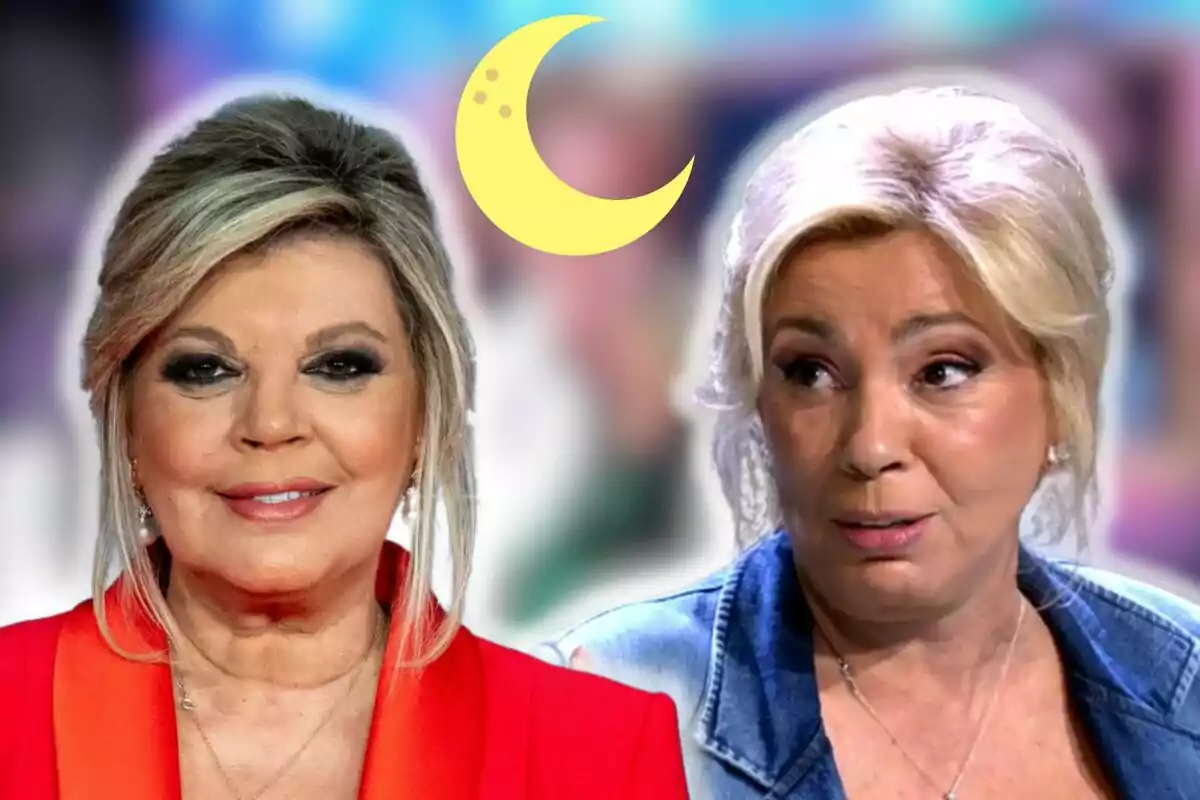 Terelu Campos y Carmen Borrego con expresiones faciales diferentes y un dibujo de luna amarilla en el fondo.