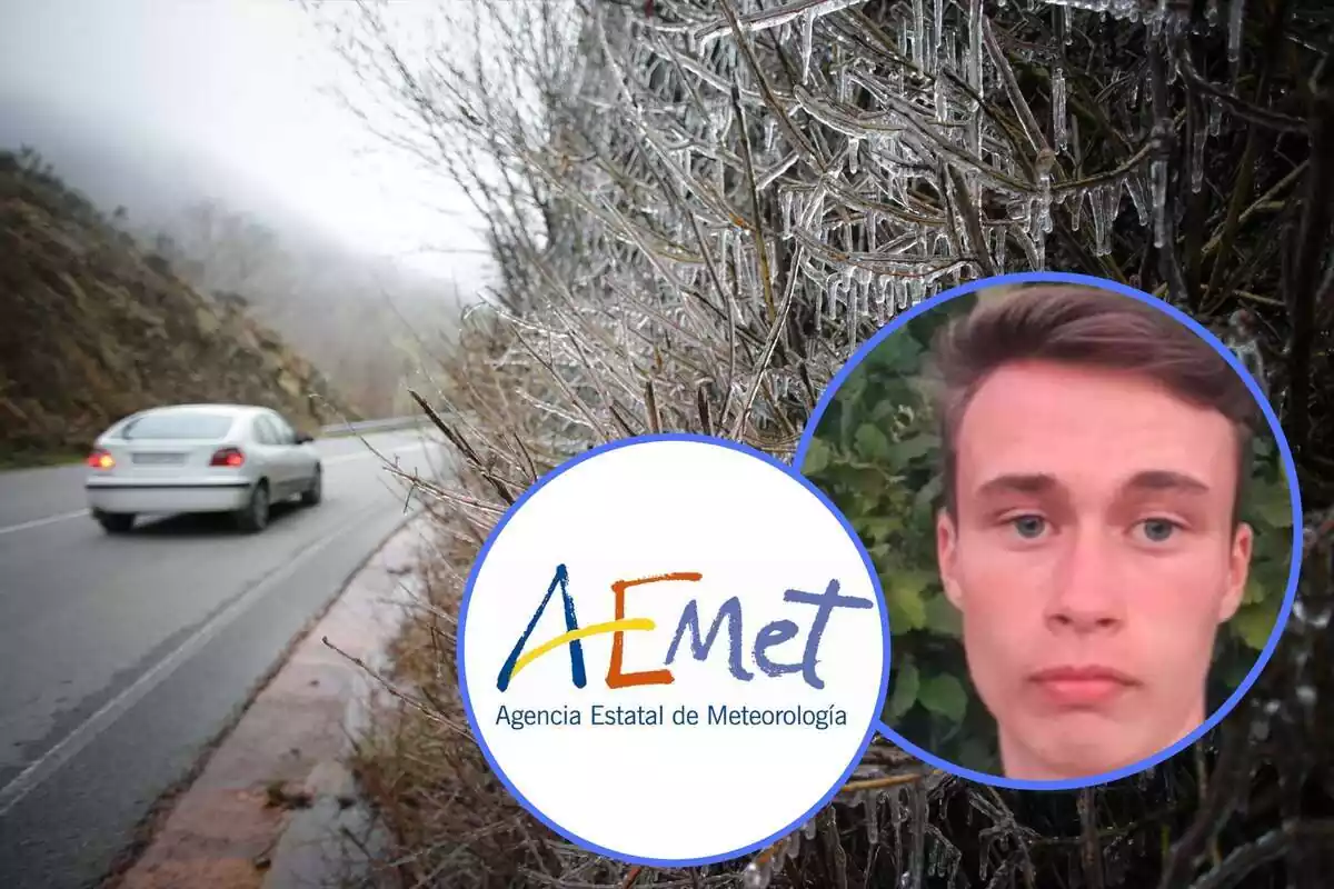 Montaje con una carretera y plantas heladas por el frío y dos círculos con la cara de Jorge Rey y el logo de la AEMET Montaje con una carretera y plantas heladas por el frío y dos círculos con la cara de Jorge Rey y el logo de la AEMET