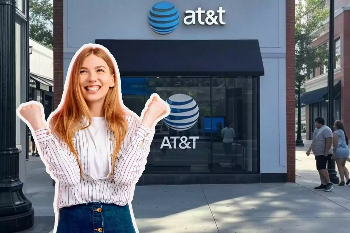 A smiling person with fists raised in front of an AT&T store.