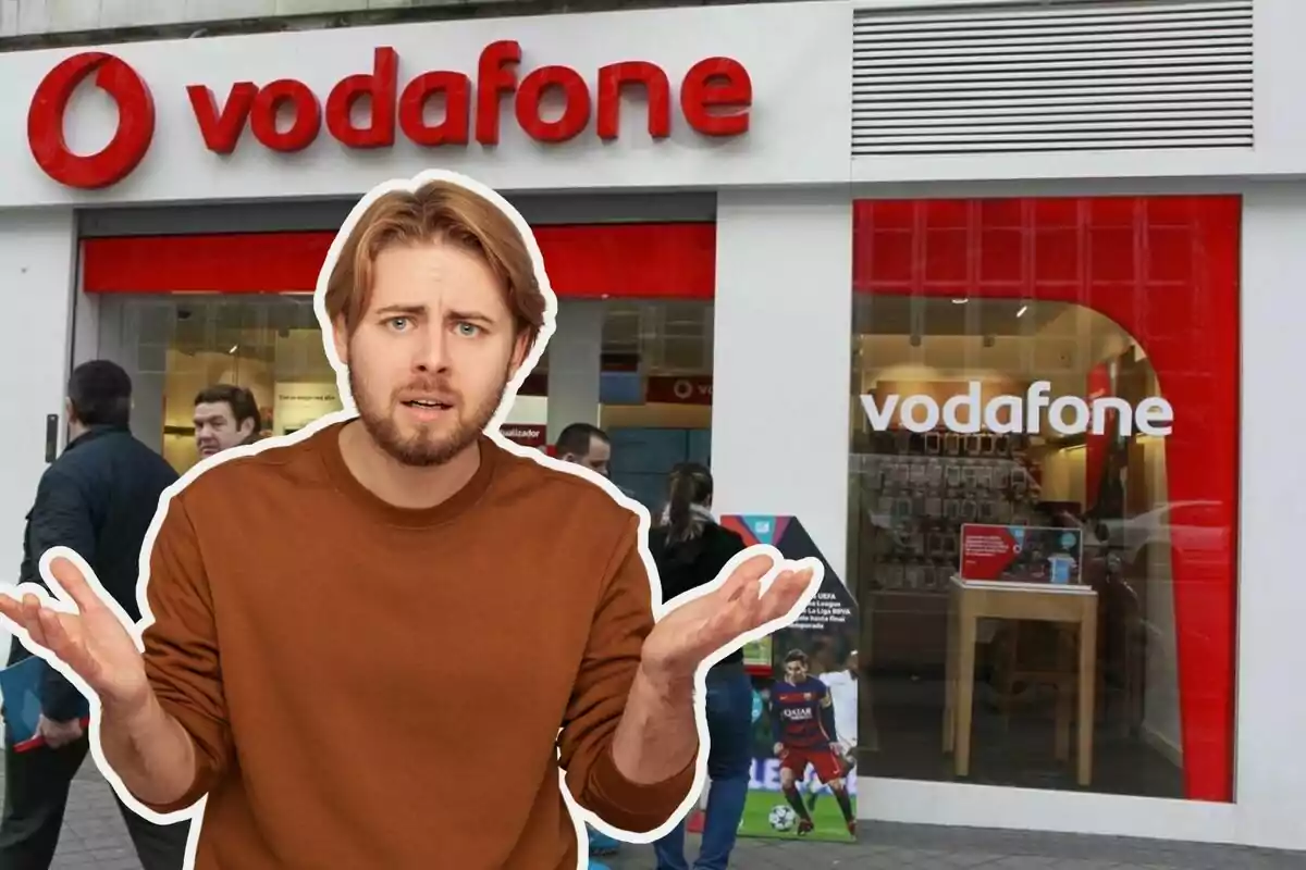 A man with a confused expression is in front of a Vodafone store.