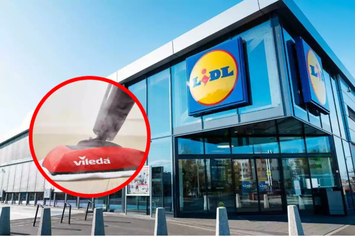 montaje tienda lidl con imagen de escoba vileda dentro de un circulo rojo