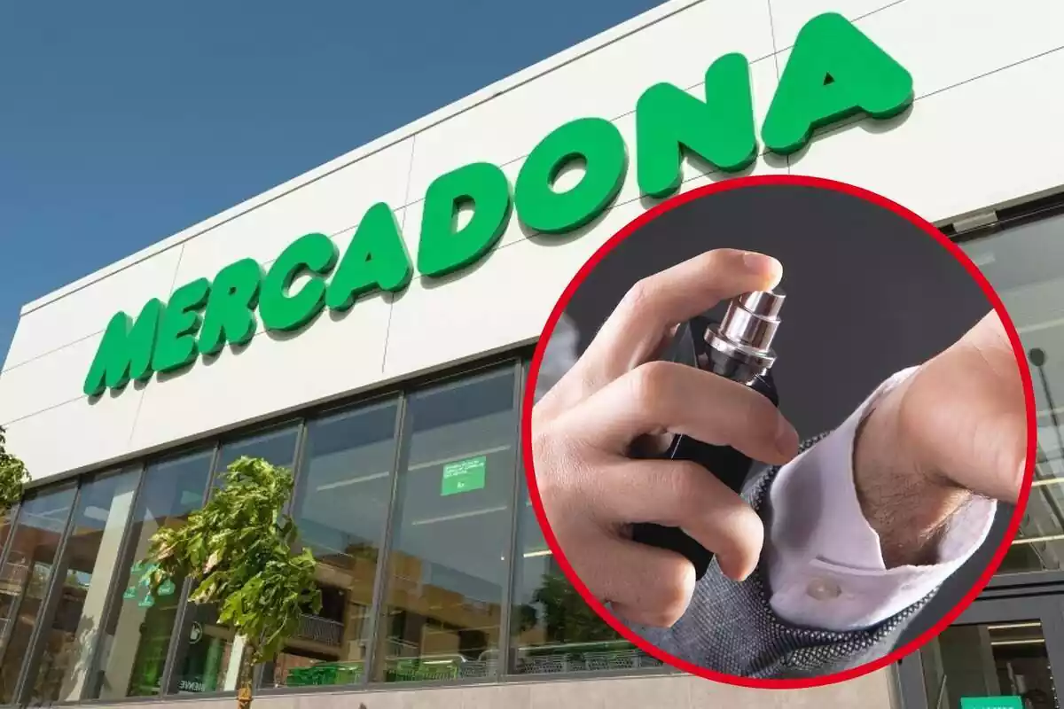 Montaje con el exterior de una tienda de Mercadona y un círculo con las manos de un hombre echándose perfume en la muñeca