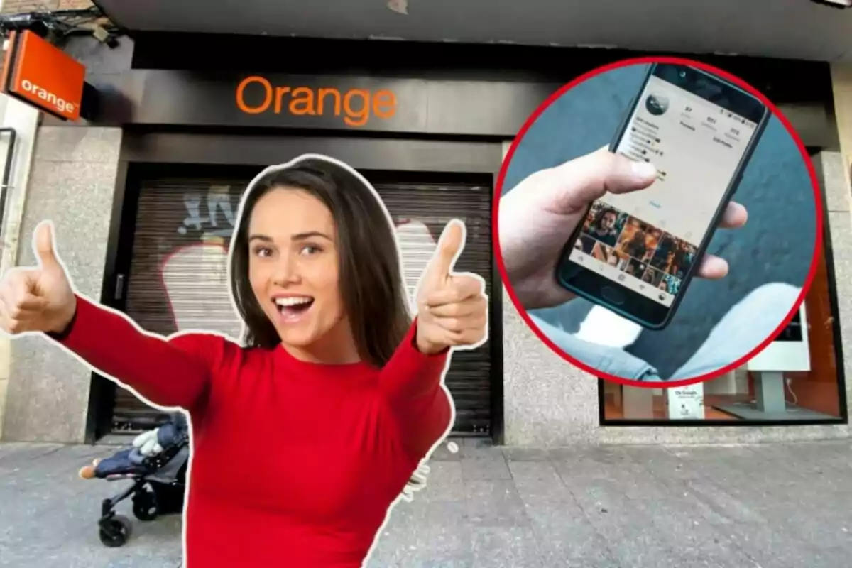 Una mujer sonriente con pulgares hacia arriba frente a una tienda de Orange y un primer plano de una mano sosteniendo un teléfono móvil con una aplicación de redes sociales abierta.