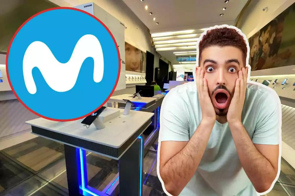 Hombre sorprendido en una tienda de tecnología con el logo de Movistar en primer plano.