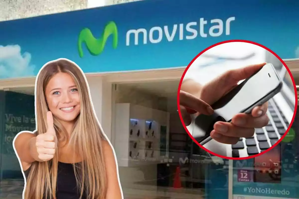 Una mujer sonriente con el pulgar hacia arriba frente a una tienda de Movistar y una imagen de un teléfono móvil en un círculo rojo.