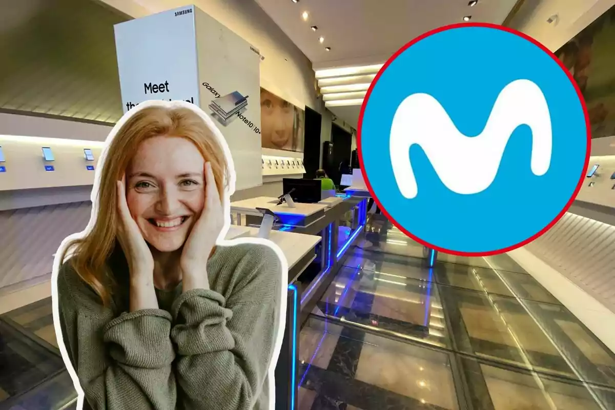 Una mujer sonriente con las manos en las mejillas está superpuesta sobre la imagen de una tienda de tecnología con el logotipo de una empresa de telecomunicaciones en la esquina.