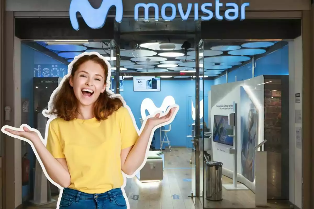 A smiling woman in a yellow T-jersey stands in front of a Movistar store.