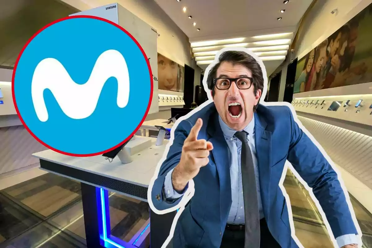 Un hombre con expresión de enojo en una tienda de tecnología con un logotipo azul y blanco en el fondo.