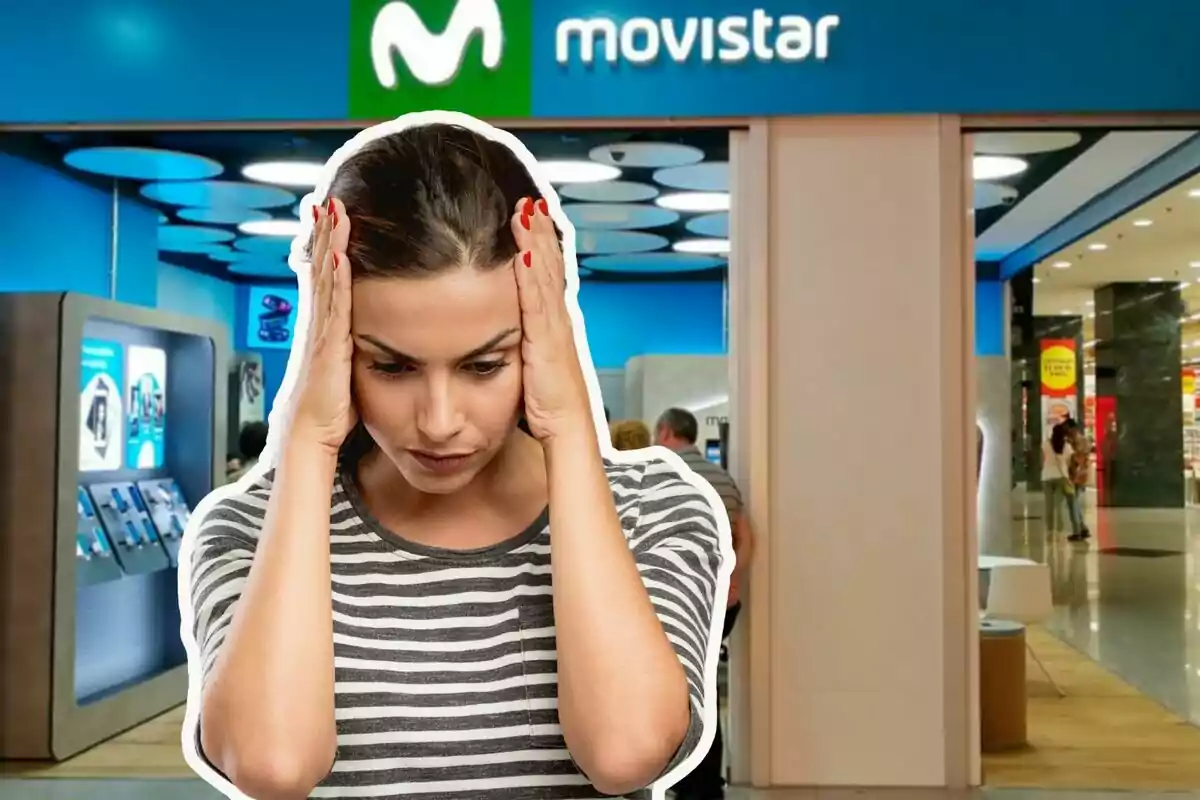 A woman with a worried expression in front of a Movistar store.