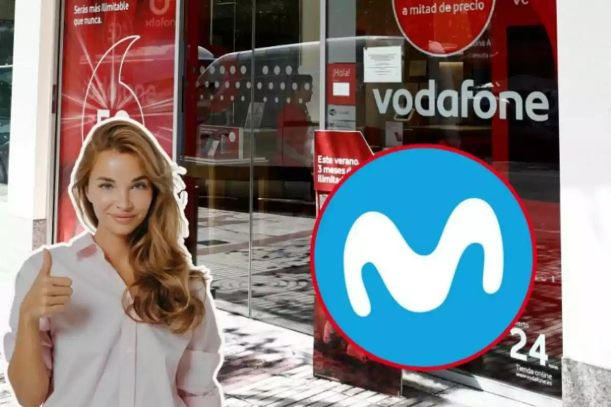Una tienda de Vodafone, con una chica con el pulgar en alto, y en el círculo, el logo de Movistar
