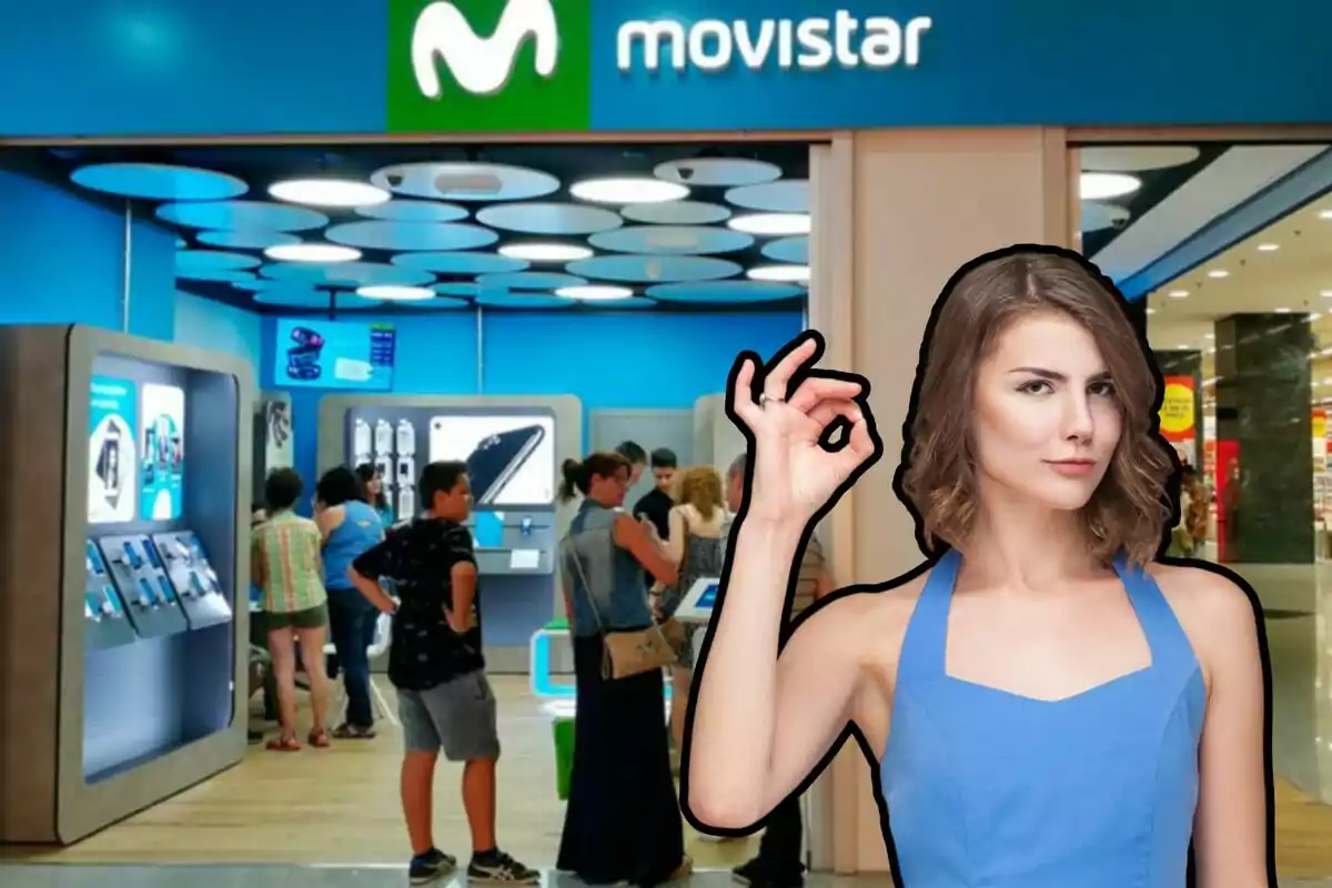 Una tienda de Movistar y una mujer haciendo un gesto de aprobación