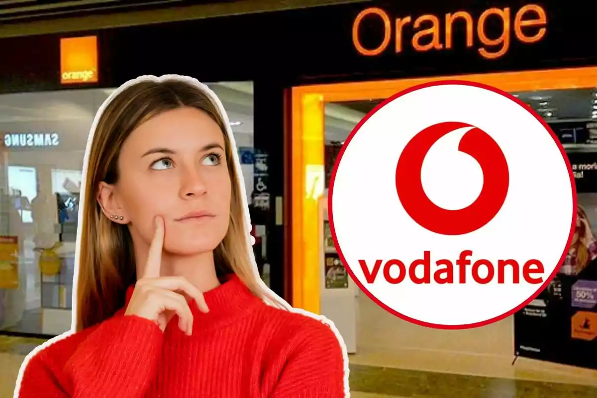 Una mujer pensativa frente a una tienda de Orange con el logo de Vodafone superpuesto.