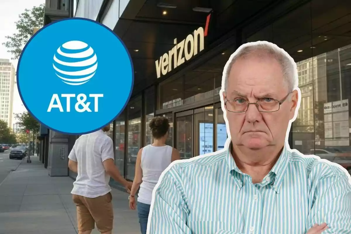 A man with a serious expression is superimposed on an image of a Verizon store, while the AT&T logo appears in the foreground.