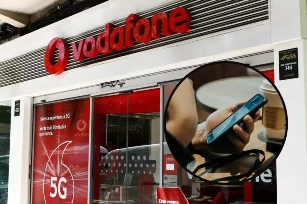 Montaje con una tienda de la compañía Vodafone y una persona aguantando el móvil en la mano