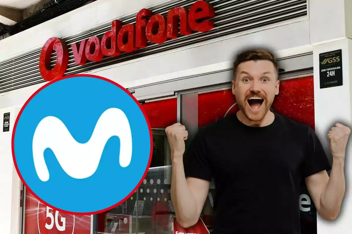 Un hombre emocionado frente a una tienda de Vodafone con el logo de Movistar superpuesto.