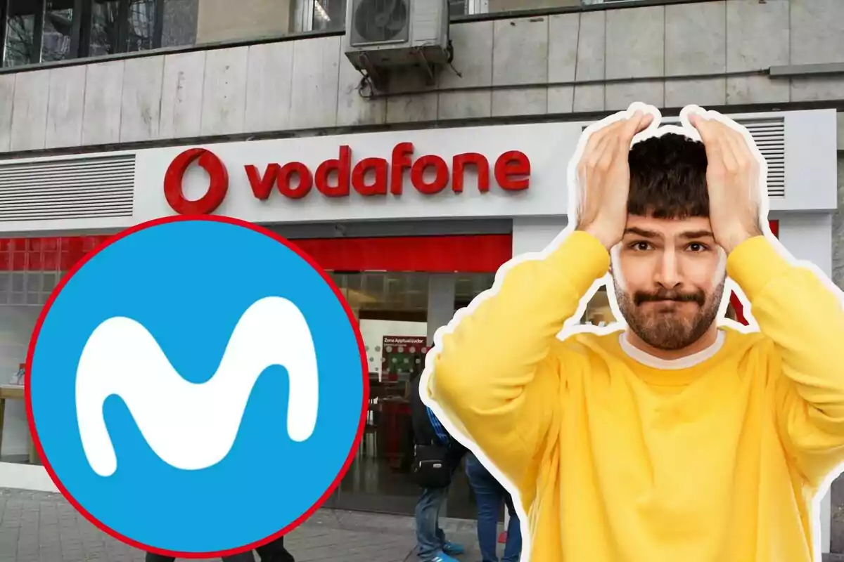 Un hombre con gesto de preocupación frente a una tienda de Vodafone, con el logo de Movistar superpuesto en la imagen.